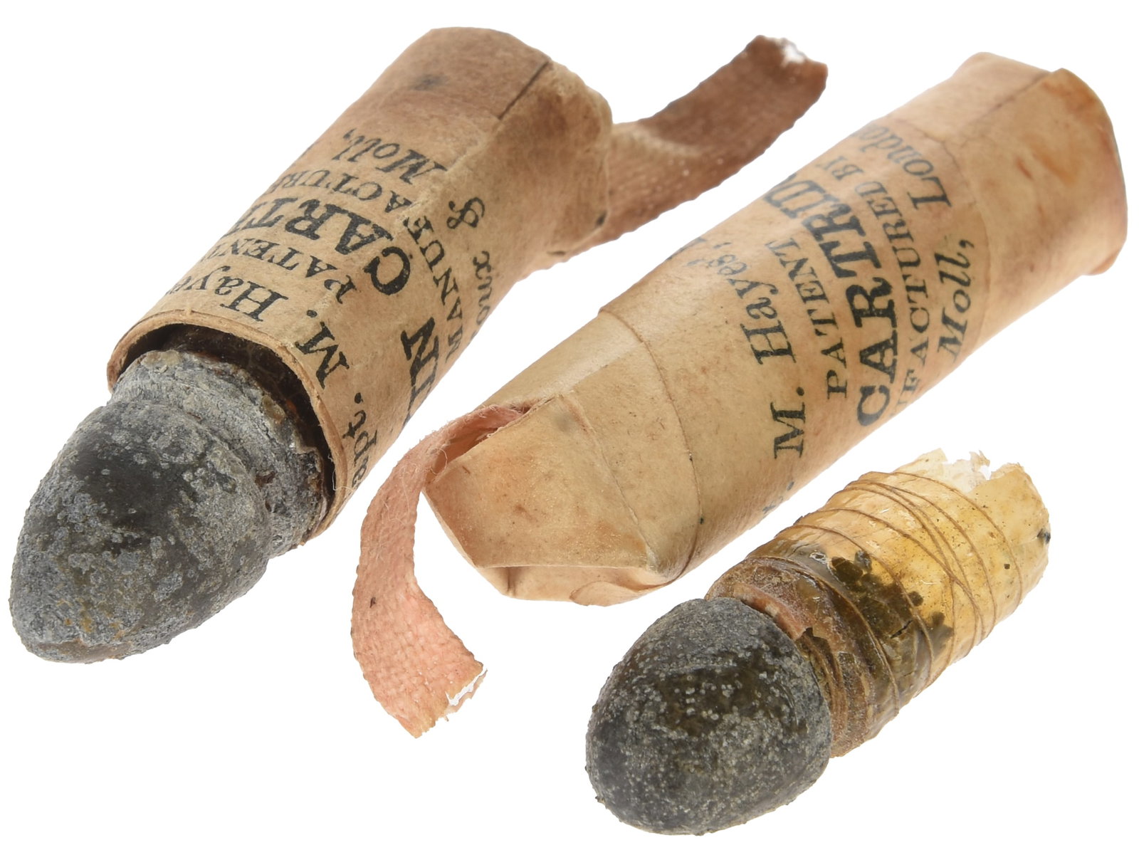 Civil War Era .36 Revolver Cartridges by English Makers Eley, Broux & Moll: Lot of Three: Civil War Era .36 Revolver Cartridges by English Makers Eley, Broux & Moll: Lot of Three. This lot comprises three .36 caliber British-made skin cartridges for Colt-type revolvers, two retaining their