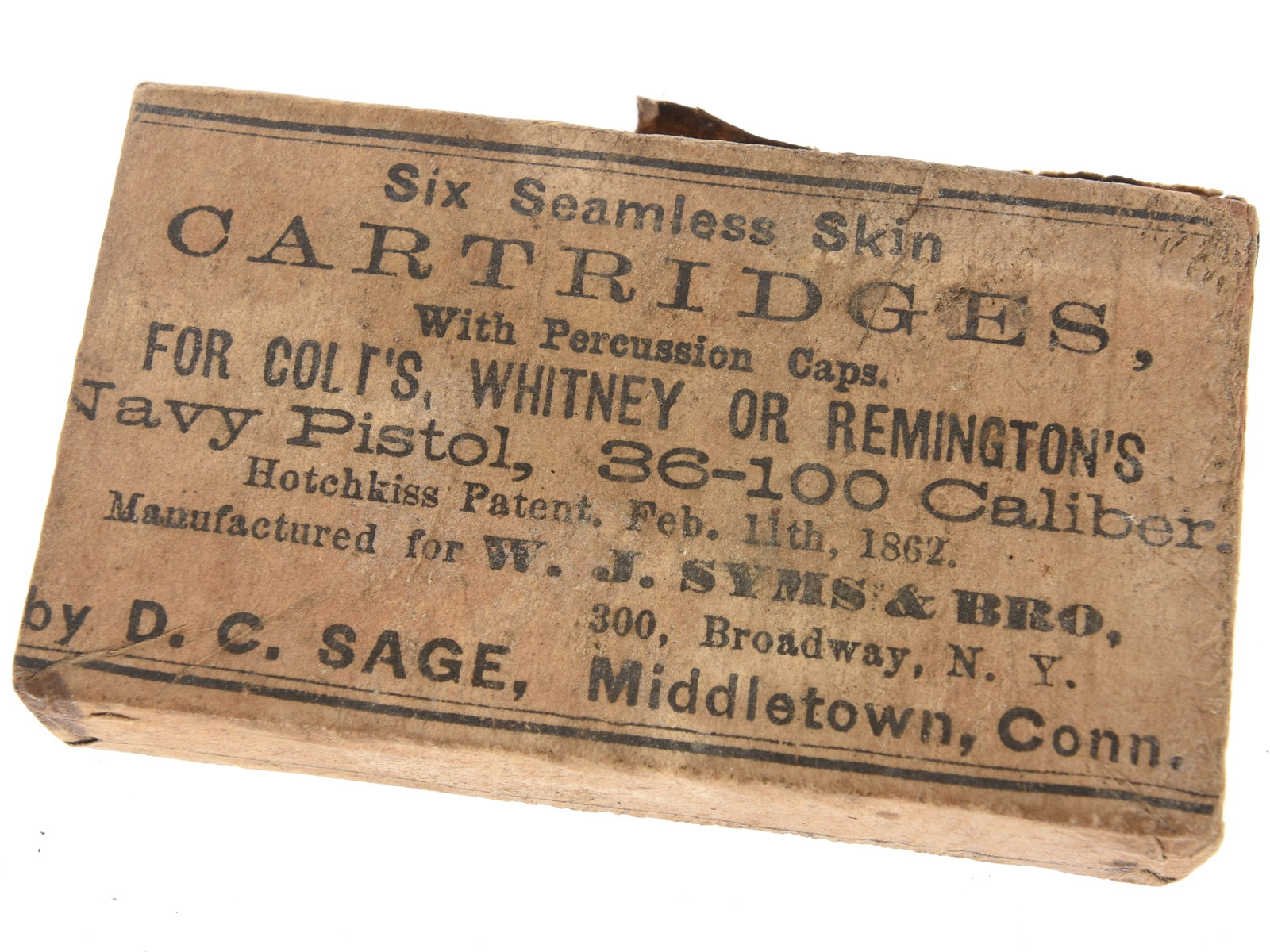 .36 Caliber Colt, Whitney Or Remington Navy Revolver Cartridge Packet, Open but Complete: .36 Caliber Colt, Whitney Or Remington Navy Revolver Cartridge Packet, Open but Complete. An original packet of six “Seamless Skin” combustible cartridges for .36 caliber percussion revolvers,