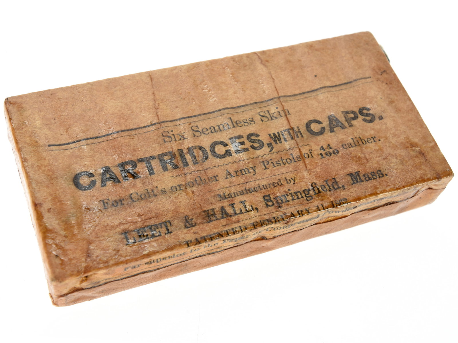 .44 Caliber Colt Army Revolver Seamless Skin Cartridge Unopened Packet By Leet & Hall: .44 Caliber Colt Army Revolver Seamless Skin Cartridge Unopened Packet By Leet & Hall Lot consists of an original Civil War period packet of combustible revolver cartridges manufactured by Leet & Hall