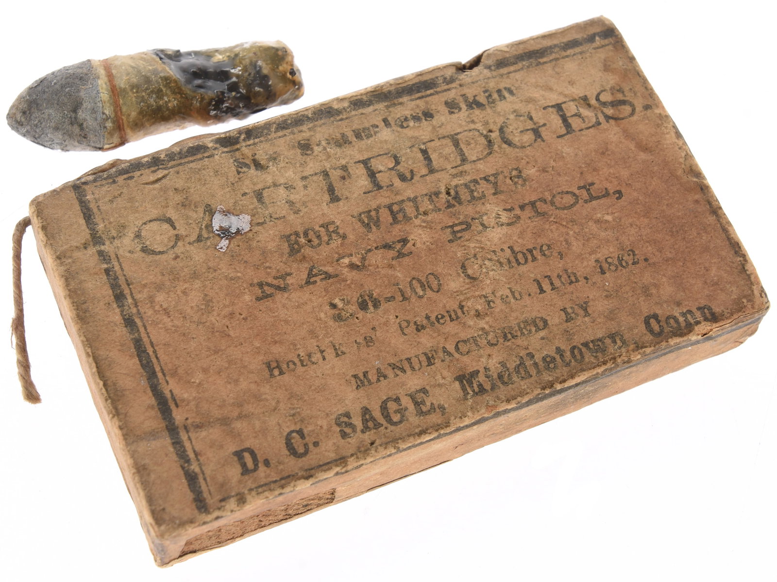 .36 Caliber Whitney Navy Revolver Unopened Cartridge Packet By D. C. Sage with Example Cartridge: .36 Caliber Whitney Navy Revolver Unopened Cartridge Packet By D. C. Sage with Example Cartridge. An original Civil War era packet of combustible skin cartridges for the .36 caliber Whitney Navy revol