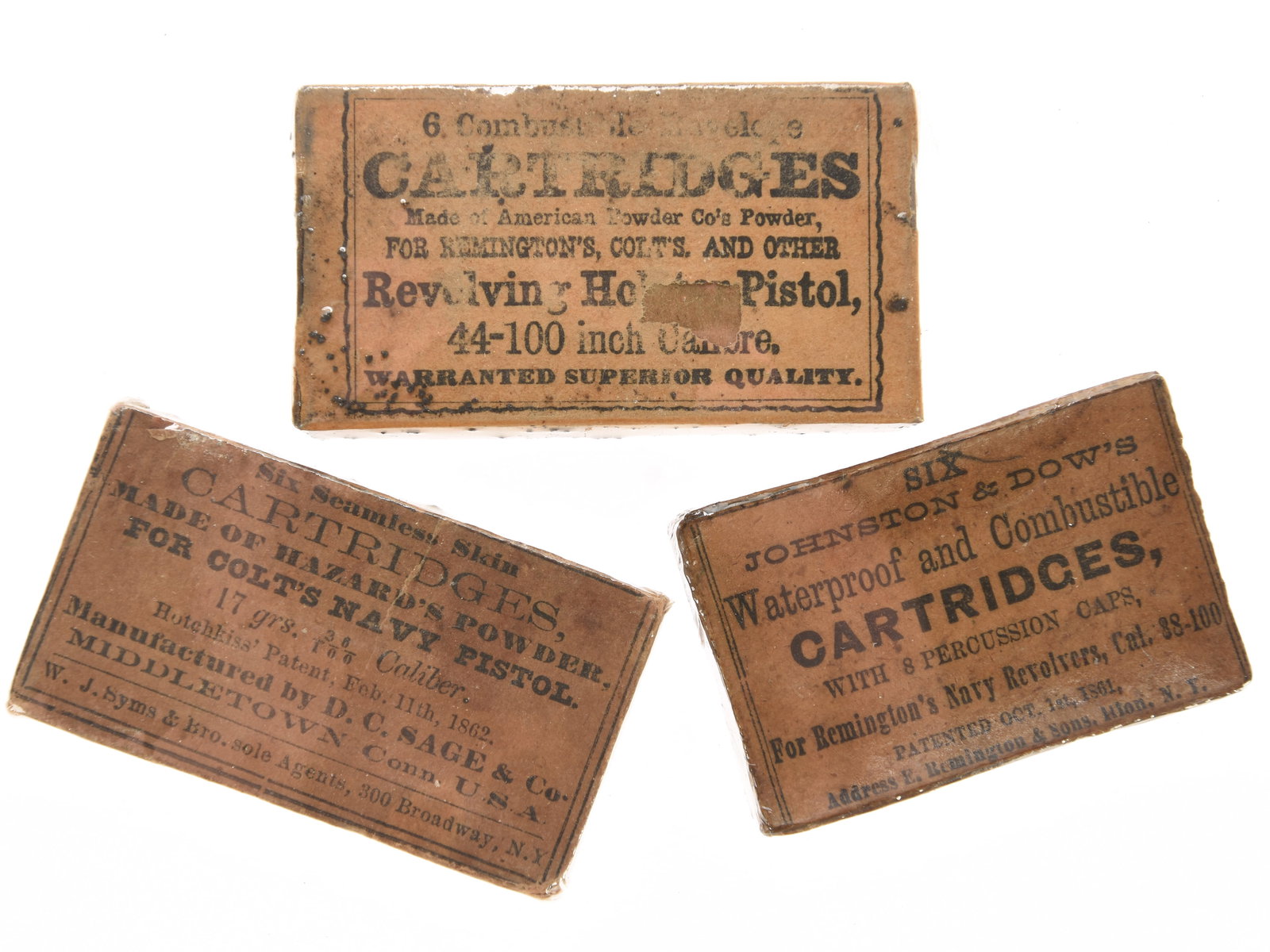 Lot of Three Ammunition Packets for Colt and Remington Revolvers: Lot of Three Ammunition Packets for Colt and Remington Revolvers Civil War era lot of three original, full ammunition packets for Colt and Remington percussion revolvers. The group includes: a packet