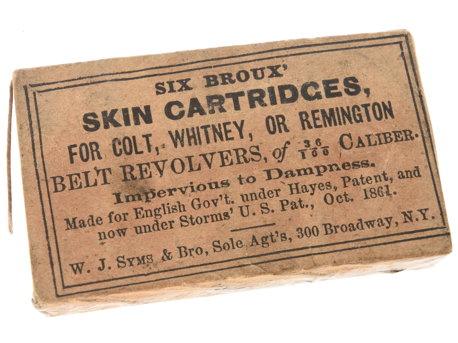 .36 Caliber Colt Navy Revolver Broux Skin Cartridges: Unopened Packet By W. J. Syms & Bro.: .36 Caliber Colt Navy Revolver Broux Skin Cartridges: Unopened Packet By W. J. Syms & Bro. An original packet of “Six Broux’ Skin Cartridges” for Colt, Whitney, or Remington belt revolvers o