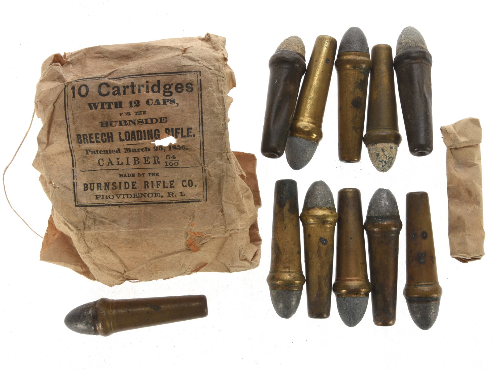 .54 Burnside Carbine Cartridges: Fragmented Packet of 10 Rounds, Caps, and 1 Extra Round For Display (1 of 1)