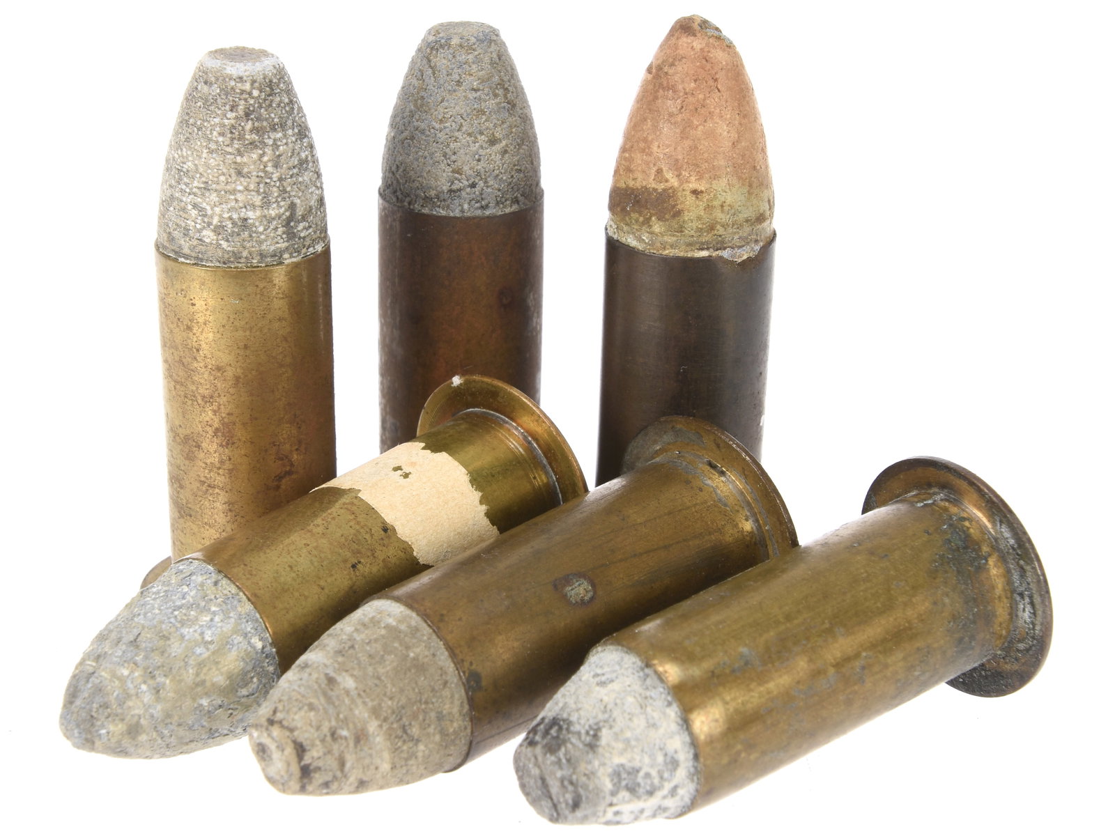 .50 Maynard Carbine Cartridges Civil War Era Display Group of Six Variants: .50 Maynard Carbine Cartridges Civil War Era Display Group of Six Variants. Civil War Era .50 caliber Maynard carbine cartridges, comprising six individual examples mounted for display and representin