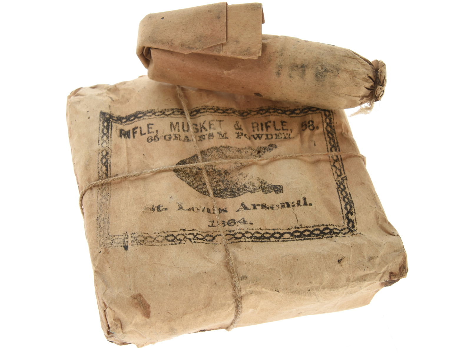 Unopened 1864 St. Louis Arsenal Packet of .58 Caliber Rifle Cartridges with One Extra Round: Unopened 1864 St. Louis Arsenal Packet of .58 Caliber Rifle Cartridges with One Extra Round Lot consists of an original packet of ten .58 caliber paper cartridges intended for use in U.S. military per