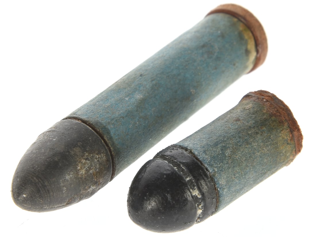 1850's Marston .36 Caliber Breech-Loading Sporting Rifle and Pistol Leather-Base Cartridges Lot: 1850's Marston .36 Caliber Breech-Loading Sporting Rifle and Pistol Leather-Base Cartridges Lot. This lot consists of two early Marston combustible cartridges: a .36 caliber Marston rifle cartridge an