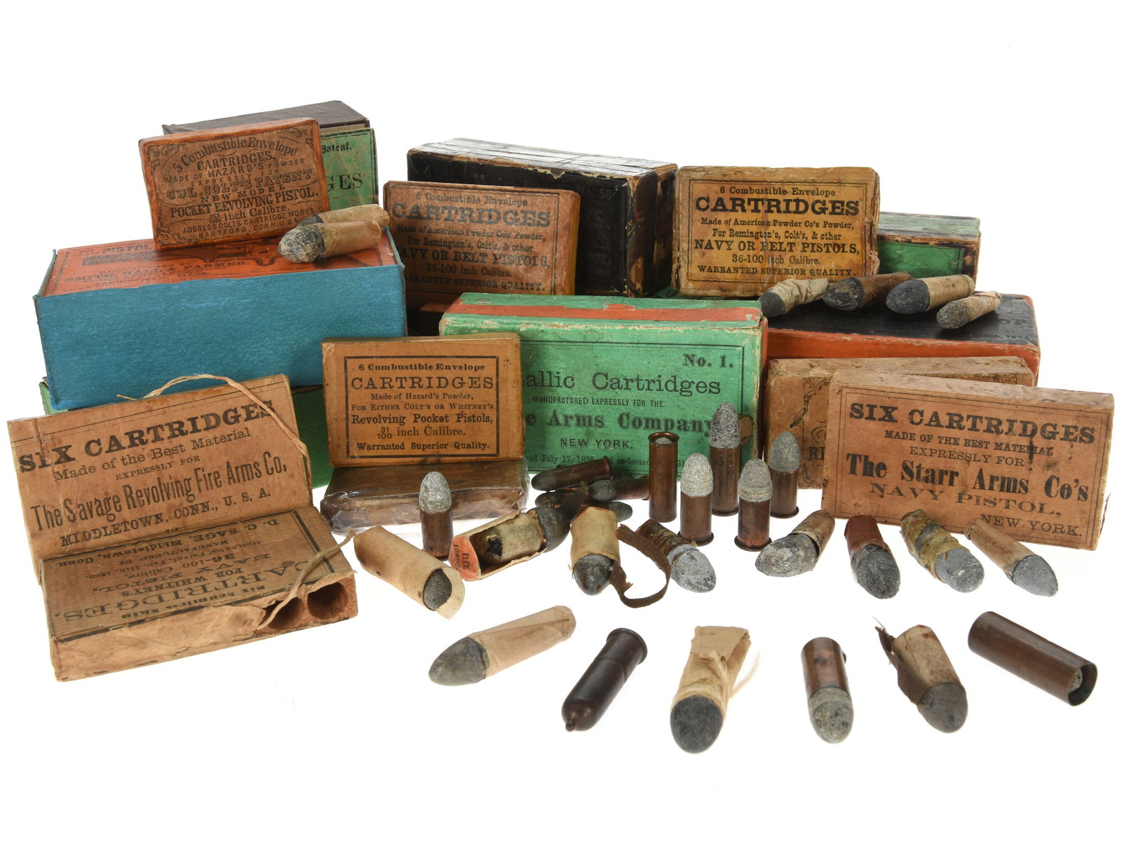 Civil War Era Revolver Ammunition Mixed Lot With Early Metallic And Combustible Cartridges: Civil War Era Revolver Ammunition Mixed Lot With Early Metallic And Combustible Cartridges. Mixed lot of Civil War era pistol ammunition and associated packaging, including a representative group of e
