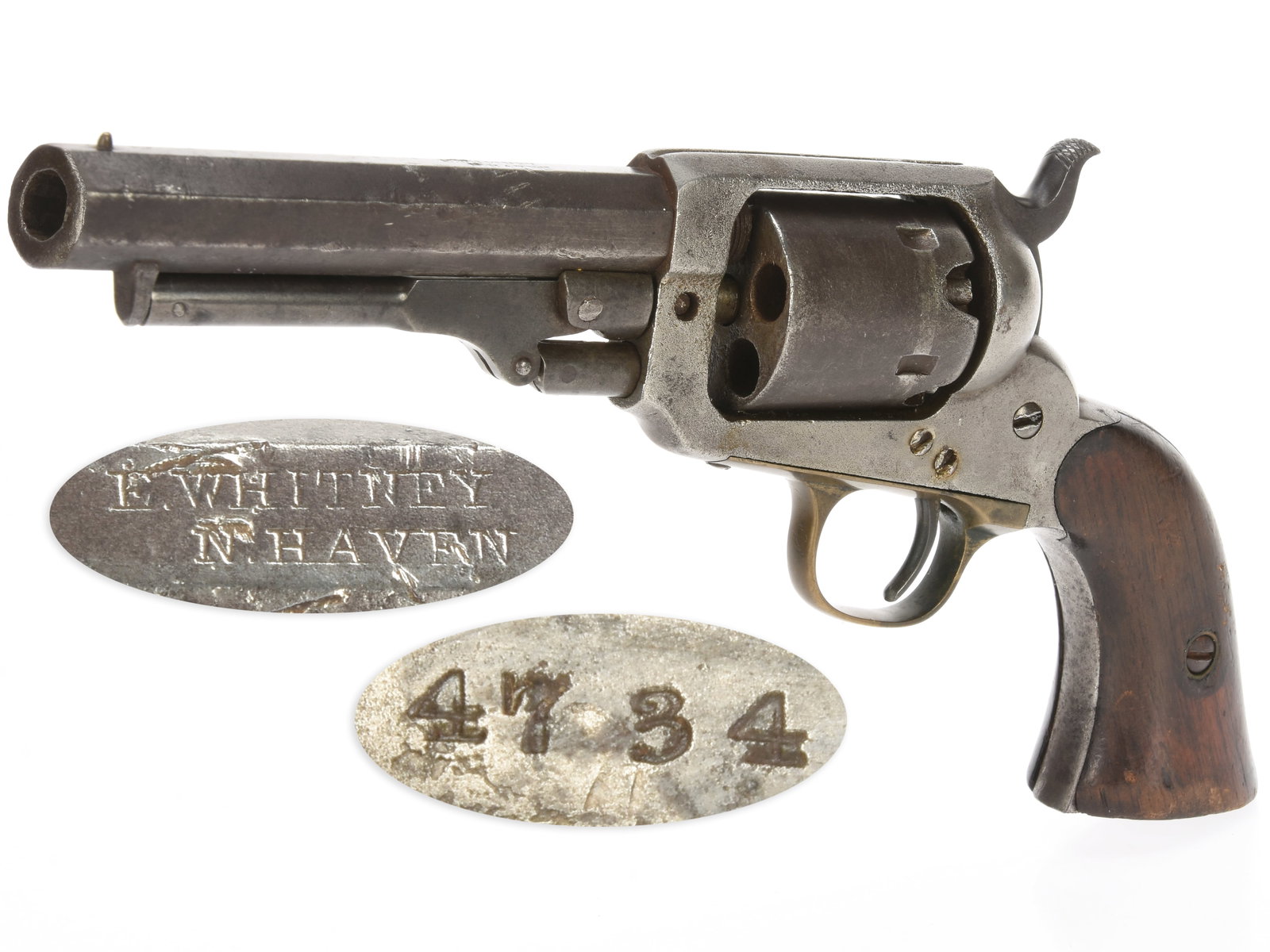 Whitney Second Model 1st Type Percussion Pocket Revolver: Whitney Second Model 1st Type Percussion Pocket Revolver. .31 caliber. 4” octagonal barrel. S/N: 4734. Blued finish, brass triggerguard, two-piece smooth walnut grips. Single action percussion r