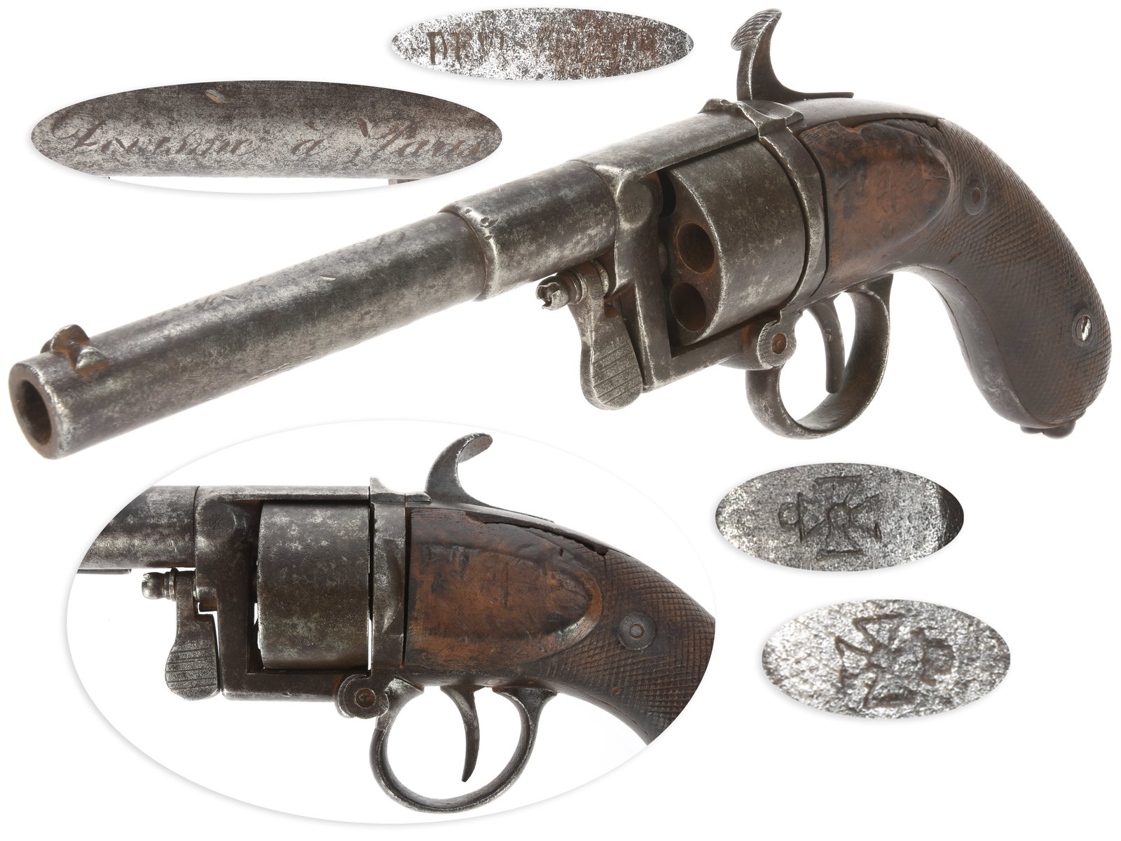 Devisme M1858/59 12mm Revolver: Devisme M1858/59 12mm Revolver. 12mm CF. 5.75” barrel. S/N: None. No finish, checkered hardwood grips. Single action hinged frame revolver with six-chambered unfluted cylinder, center mounted co