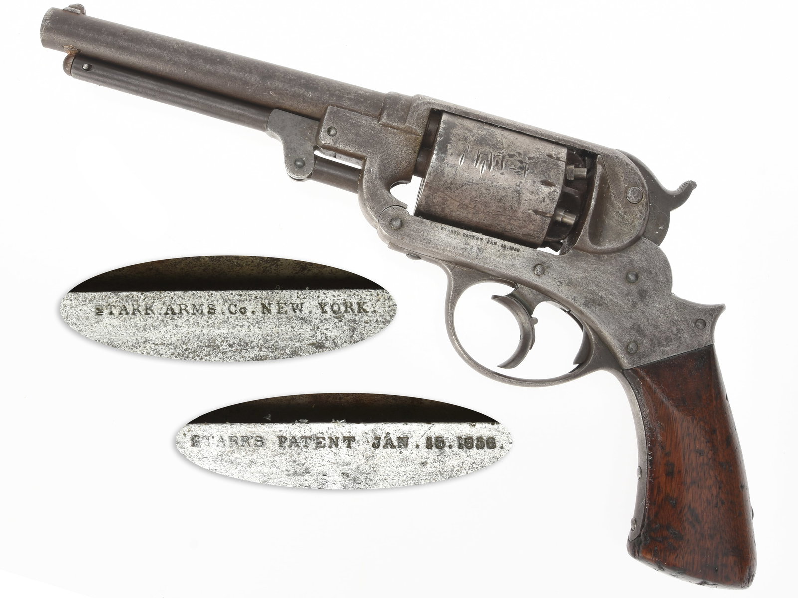 Starr Model 1858 Double Action Navy Percussion Revolver: Starr Model 1858 Double Action Navy Percussion Revolver. .36 caliber. 6” barrel. S/N: Not Legible. Blued finish, smooth one-piece walnut grips. Self cocking, “double action” percussion r