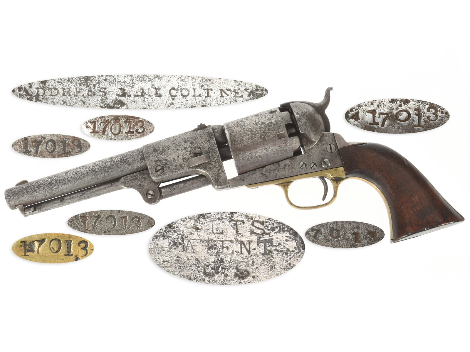 Colt 3rd Model Dragoon Revolver: Colt 3rd Model Dragoon Revolver. .44 caliber. 7.5” octagon to round barrel. S/N: 17013 (mfg. ca. 1858). Blued and color casehardened finish, brass triggerguard, one-piece smooth walnut grip. Sin