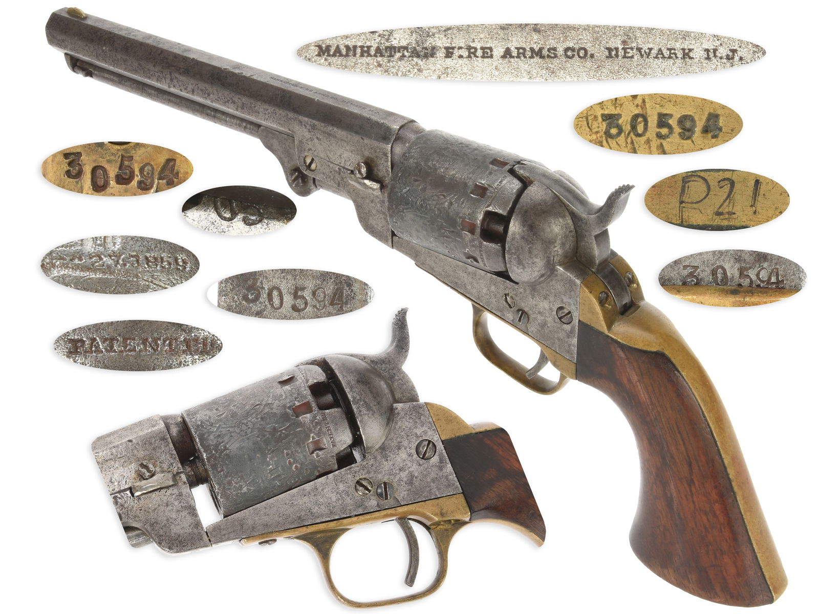 Manhattan Navy Series III Revolver: Manhattan Navy Series III Revolver. .36 caliber. 6.5” octagonal barrel. S/N: 30594. Blued finish, brass triggerguard and backstrap, one-piece varnished walnut grip. Single action percussion revo