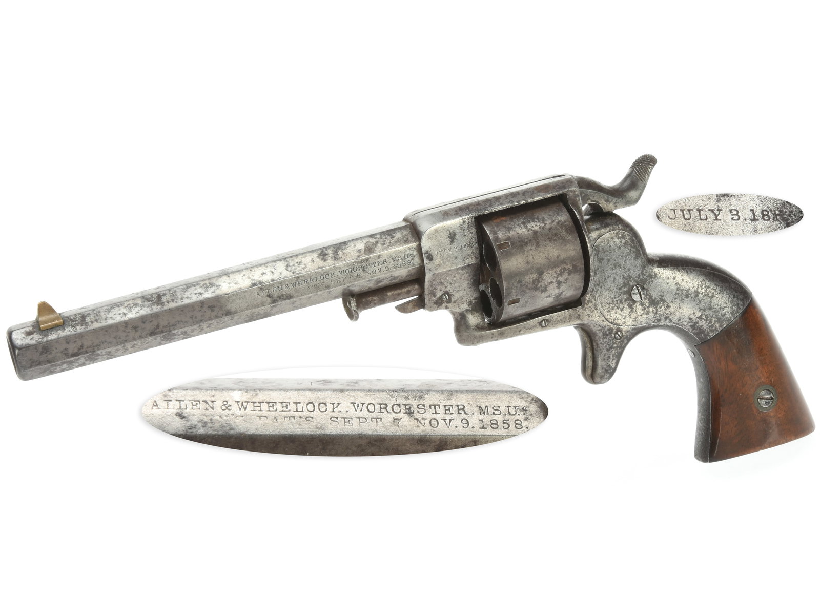 Allen & Wheelock Side Hammer .32RF Revolver: Allen & Wheelock Side Hammer .32RF Revolver. .32RF Short. 5” octagonal barrel. S/N: 731. Blued finish, smooth varnished two-piece walnut grips. Single action solid frame sidehammer revolver with