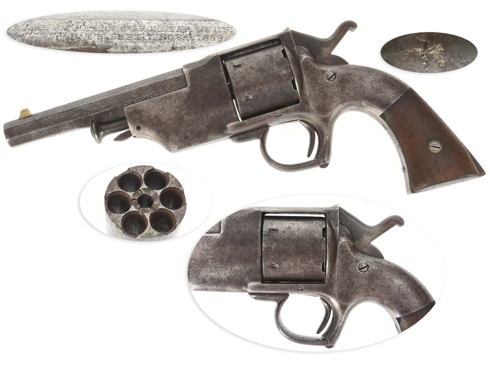 Allen & Wheelock Lip Fire Navy Revolver Serial Number 1: Allen & Wheelock Lip Fire Navy Revolver Serial Number 1. .36 Lip Fire. 4.875” octagonal barrel. S/N: 1. Blued finish, smooth two-piece walnut grip. Single action solid frame revolver with loadin