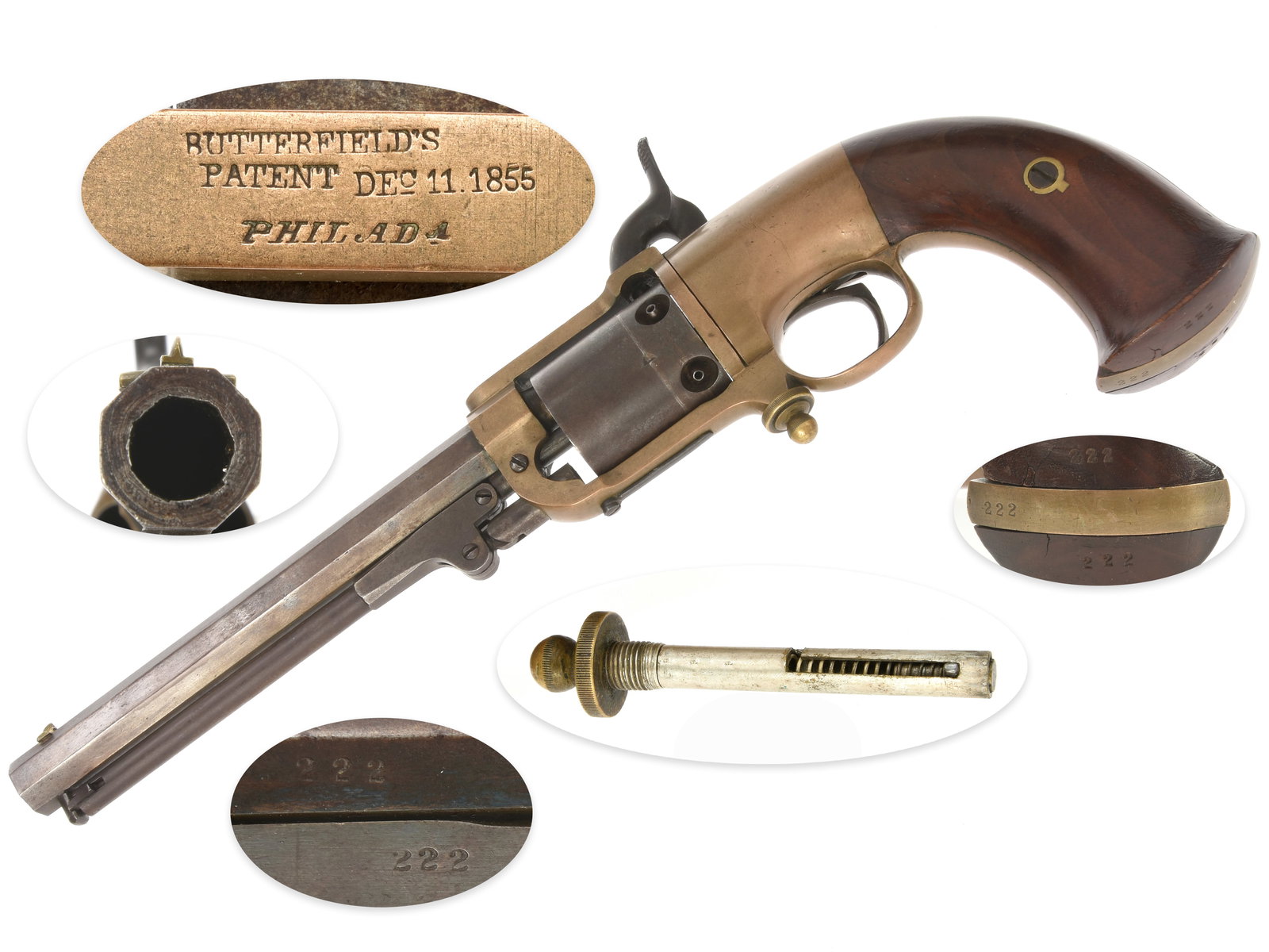 Butterfield Army Revolver: Butterfield Army Revolver. .41 caliber. 7” octagonal barrel. S/N: 222. Blued finish, silver plated bronze frame, two-piece smooth, flared bottom walnut grips. Single action automatic primer revo