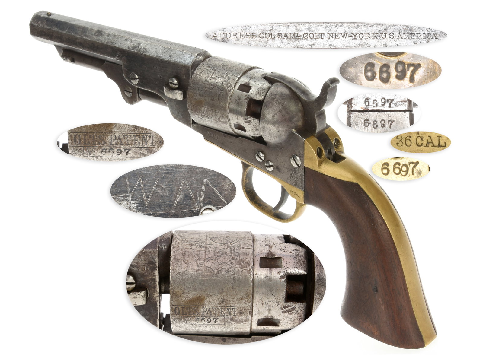 Colt Model 1862 Pocket Revolver of Navy Caliber: Colt Model 1862 Pocket Revolver of Navy Caliber. .36 caliber. 4.5” octagonal barrel. S/N: 6697 (mfg. ca. 1863). Blued and color casehardened finish, silver plated brass backstrap and triggerguar