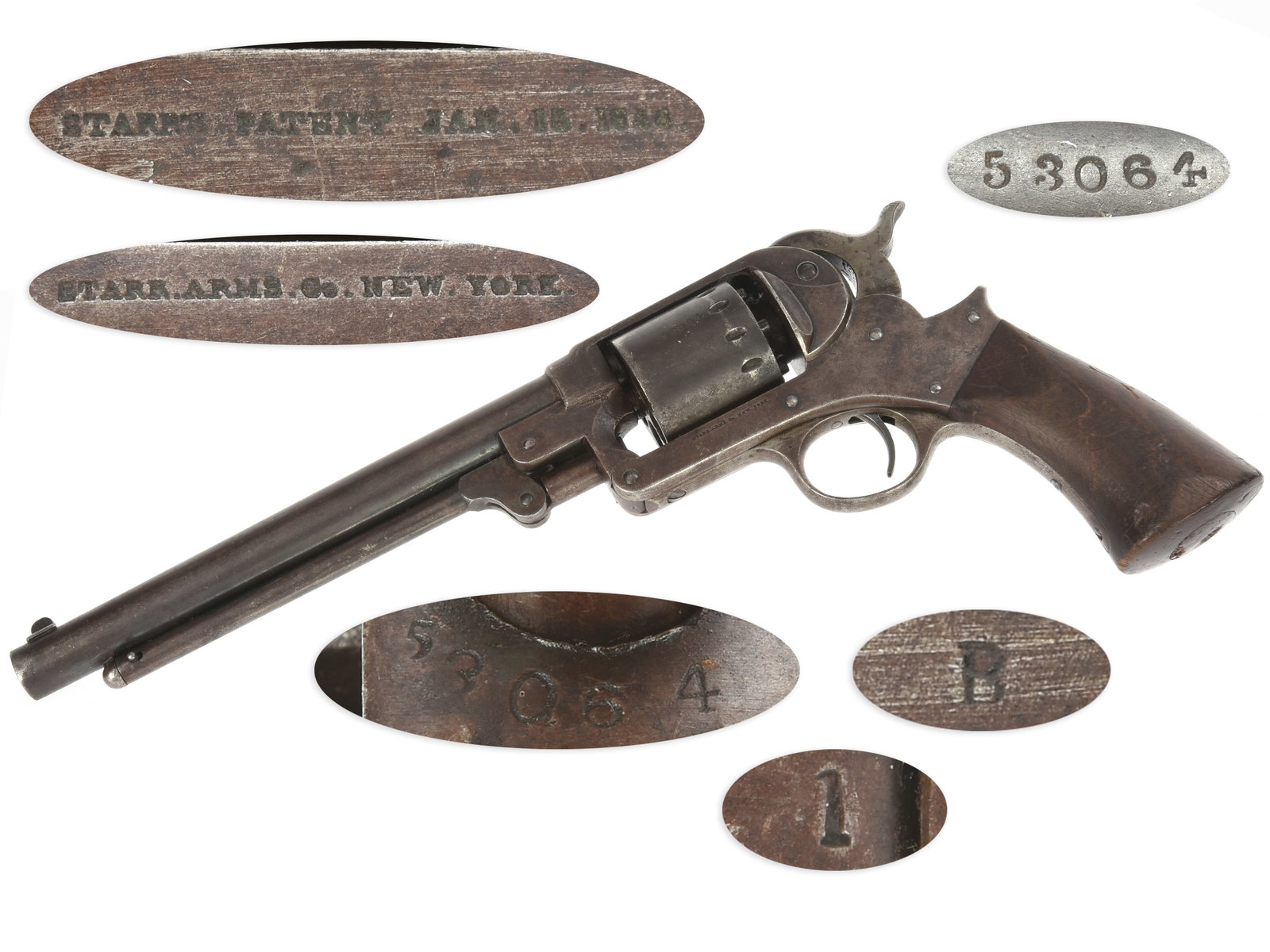 Starr Model 1863 Single Action Percussion Army Revolver: Starr Model 1863 Single Action Percussion Army Revolver. .44 caliber. 8” round barrel. S/N: 53064. Blued finish, one-piece smooth walnut grip. Single action hinged frame percussion revolver with