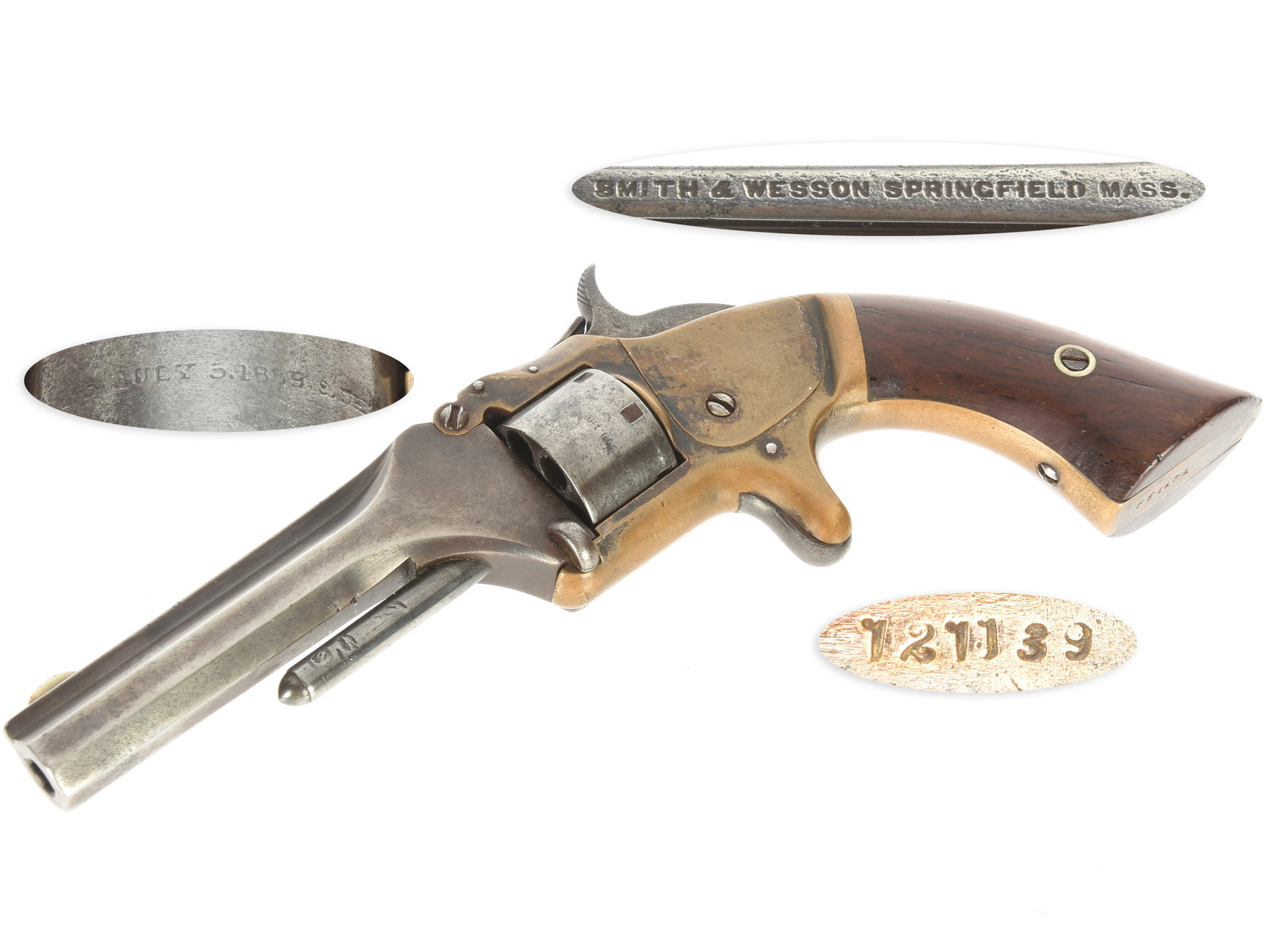Smith & Wesson Model No 1 2nd Issue Revolver: Smith & Wesson Model No 1 2nd Issue Revolver. .22RF Short. 3.125” ribbed octagonal barrel. S/N: 121139 (mfg. ca. 1868). Blued finish, silver plated brass frame, smooth two-piece varnished rosewo
