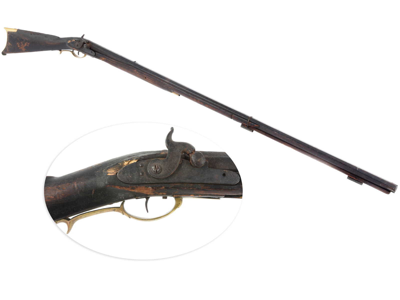 Relic Condition Percussion Rifle: .46 caliber. 40” pinned octagonal barrel. S/N: None. Browned finish, brass furniture, walnut stock. Single shot percussion muzzleloading rifle with fixed notch rear sight, blade front sight and