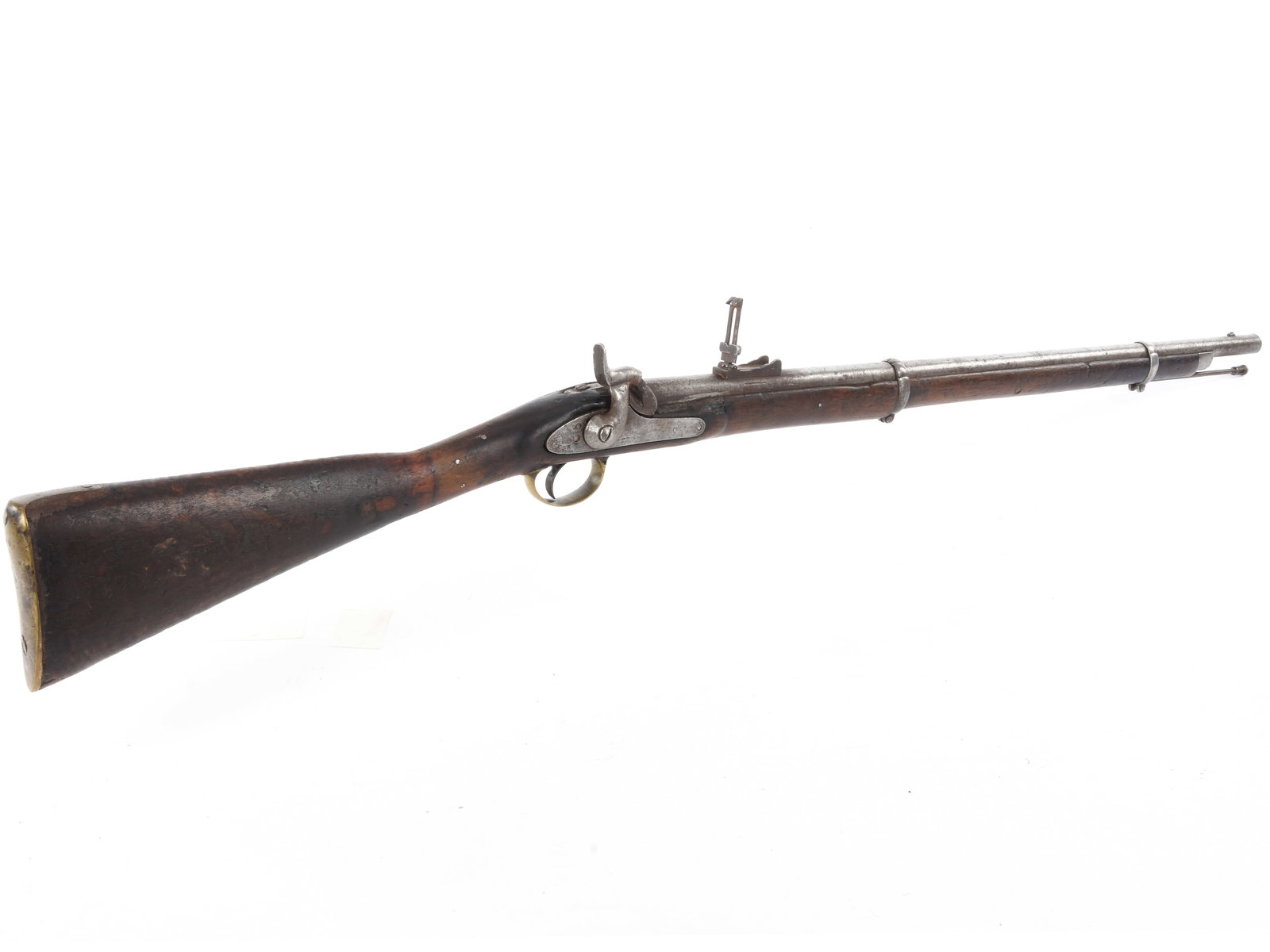 Middle Eastern Composite Enfield Short Rifle: Middle Eastern Composite Enfield Short Rifle. .60 caliber. 30.5” barrel. S/N: None. Bright finish, brass and iron furniture, Middle Eastern hardwood stock. Single shot percussion muzzleloading c