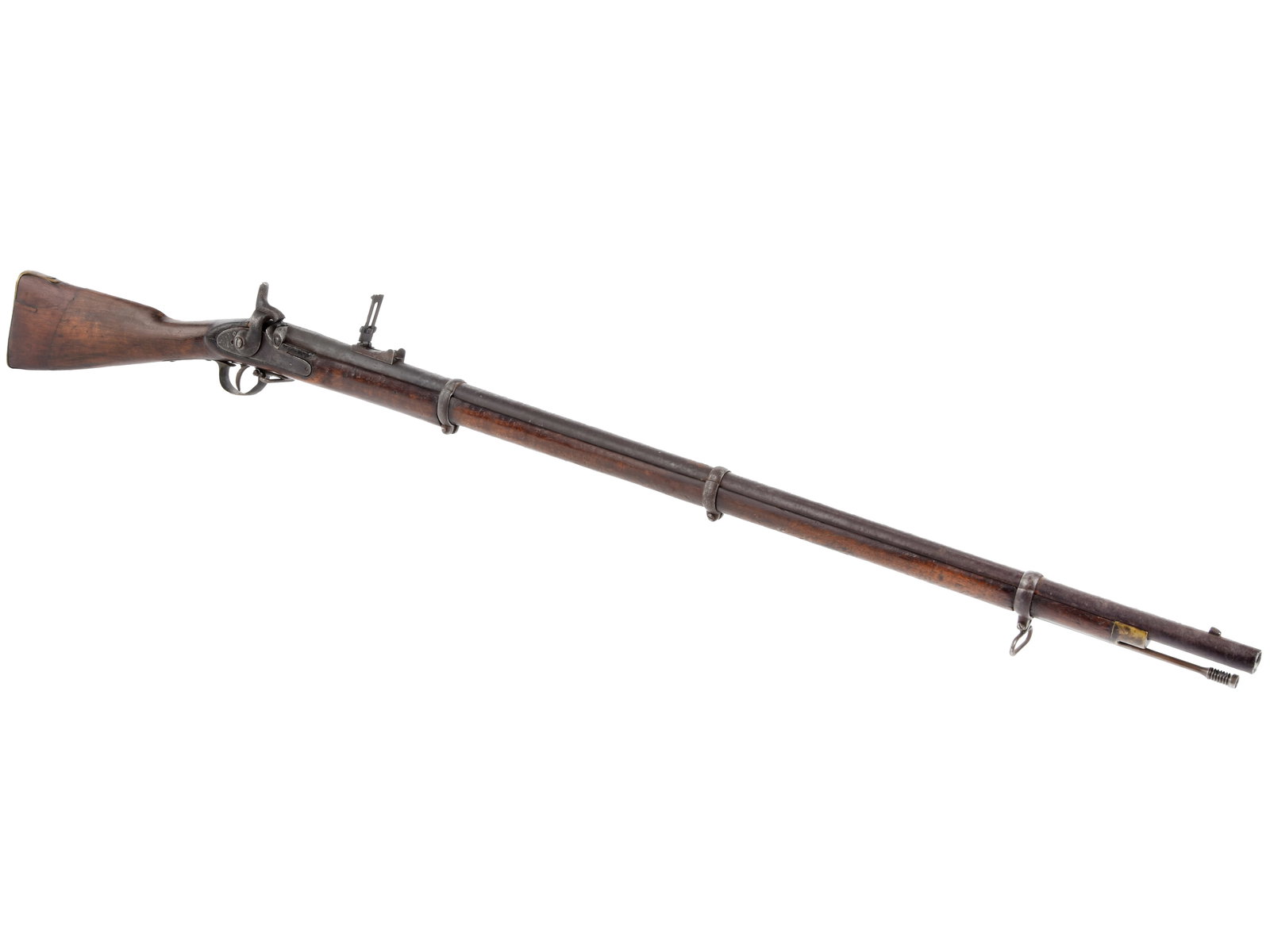 Commercial Pattern 1853 Enfield Rifle Musket with Restored Butt: Commercial Pattern 1853 Enfield Rifle Musket with Restored Butt .62 caliber. 40” barrel. S/N: None. Blued finish, brass furniture, walnut stock. Single shot percussion muzzleloading rifle musket