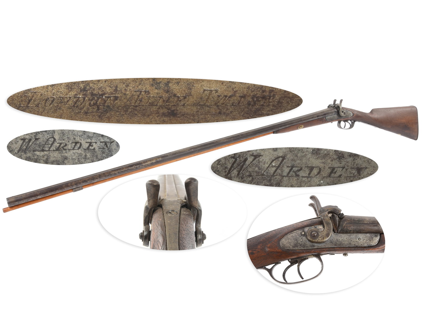 Percussion Shotgun by W Arden: Percussion Shotgun by W Arden. 12 gauge. 40” wedge retained barrels. S/N: None. Bright finish, iron and German silver mountings, walnut stock. Double barrel, double trigger percussion muzzleload