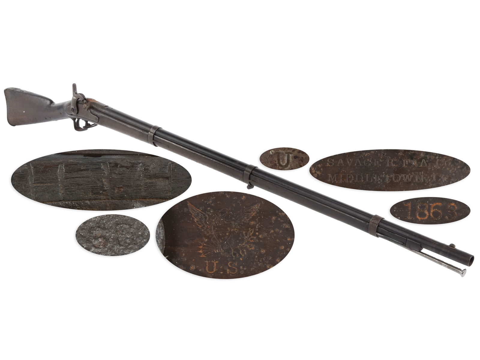 Attic Condition US Model 1861 Contract Rifle Musket by Savage: Attic Condition US Model 1861 Contract Rifle Musket by Savage. .60 caliber. 40” barrel. S/N: None. Bright finish, iron furniture, walnut stock. Single shot muzzleloading percussion rifle musket