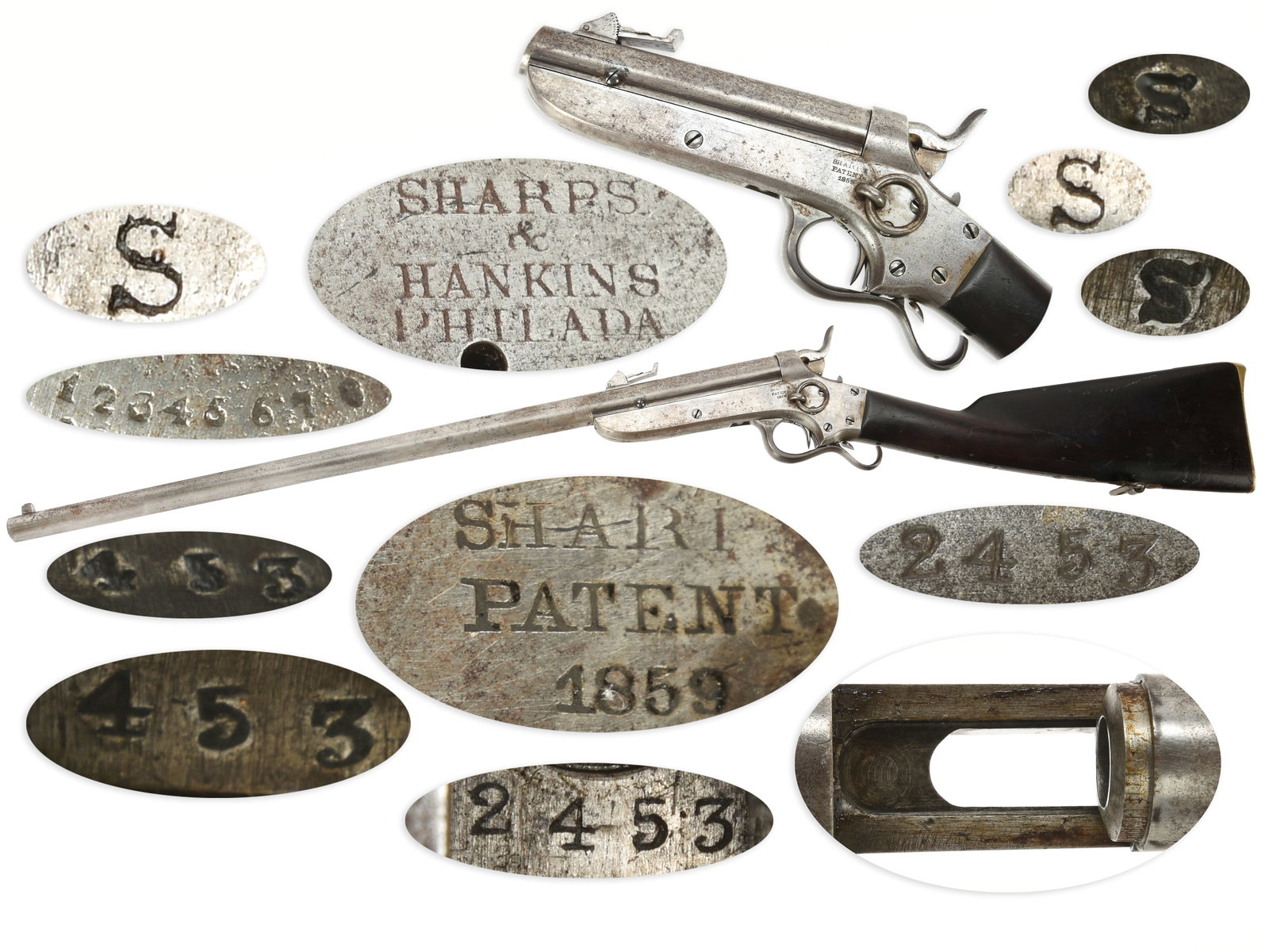 Rare Sharps & Hankins 24?? Cavalry Carbine: Rare Sharps & Hankins 24” Cavalry Carbine. .52RF. 24” barrel. SN: 2453. Retains no finish, iron furniture, walnut butt with brass buttplate, no forend. Single shot breechloading cavalry ca