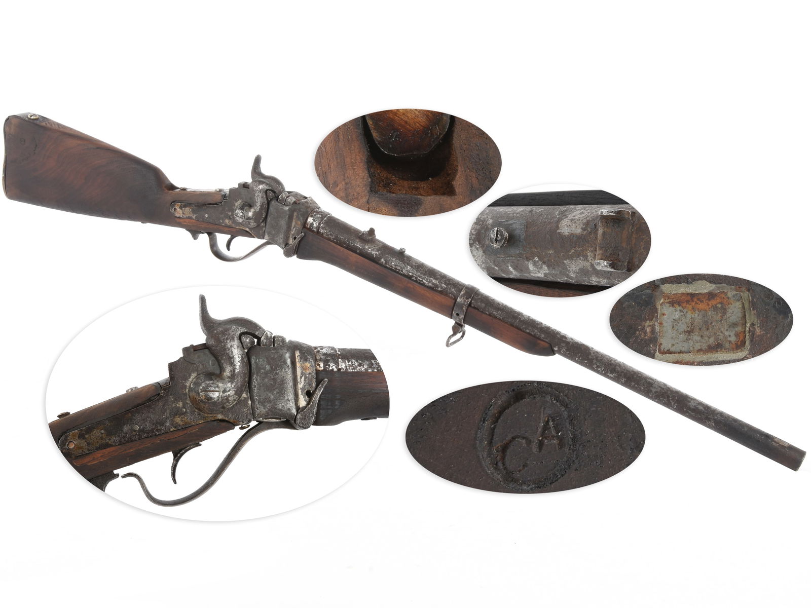 Crudely Restored Sharps .50-70 Conversion Carbine: Crudely Restored Sharps .50-70 Conversion Carbine. .50-70. 22” barrel. S/N: None. No finish, replaced iron mountings, replaced wood. Crudely restored remnants of a post-Civil War cartridge alter