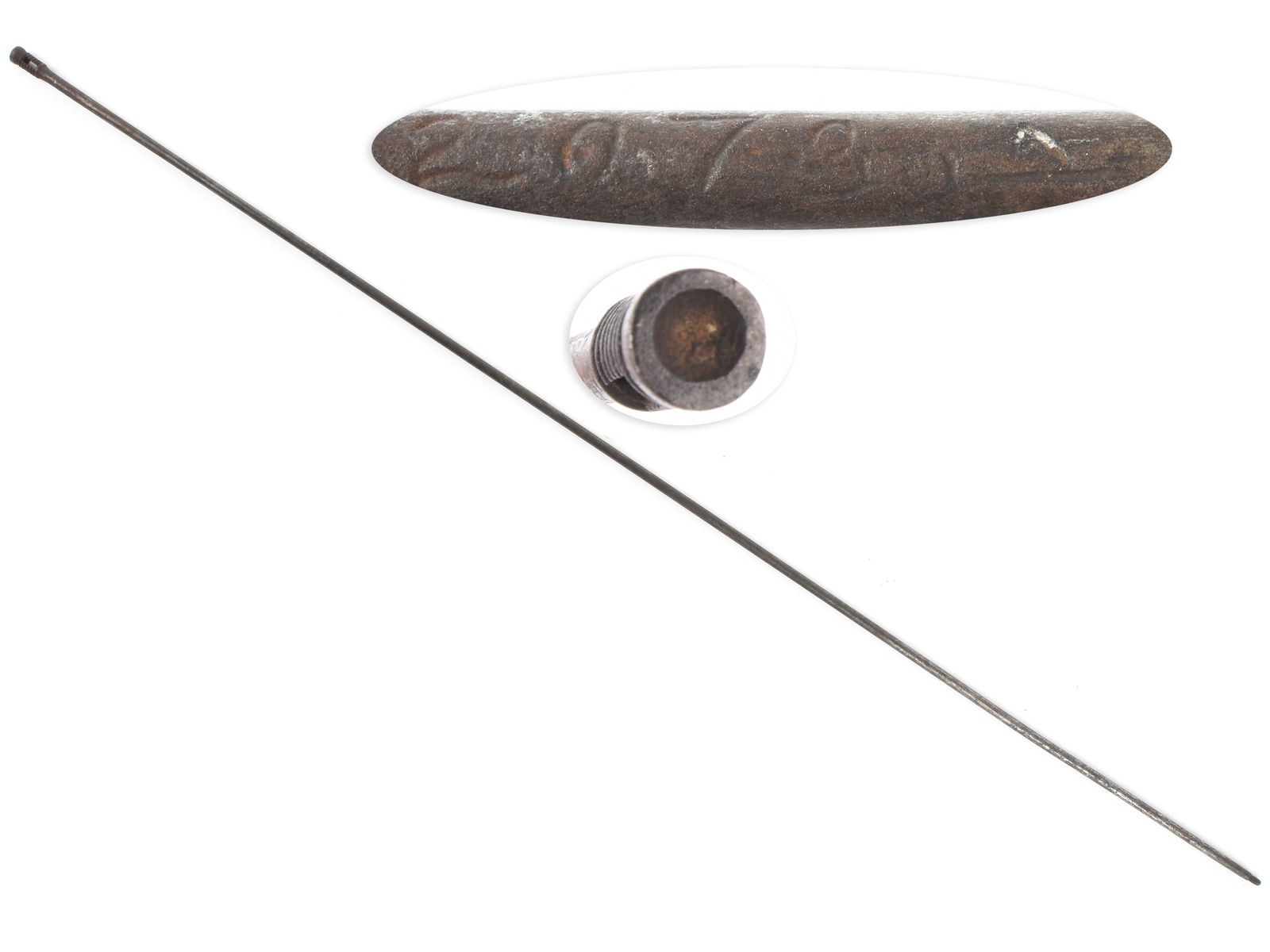 Confederate Inventory Numbered Pattern 1853 Enfield Ramrod: Confederate Inventory Numbered Pattern 1853 Enfield Ramrod 39” in length with a jag head, engraved with the inventory number 2072A. Rod with threads at the end. This delightful surprise was foun