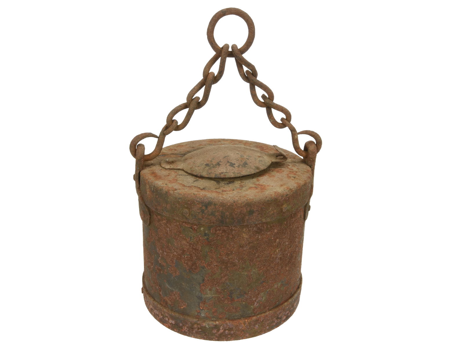 Civil War Artillery Grease Bucket: Civil War Artillery Grease Bucket 8" diameter x 7" high cylindrical grease bucket; part of the standard equipment for every Civil field gun. Lid is secured to the top with four rivets, and has a 3-1/2