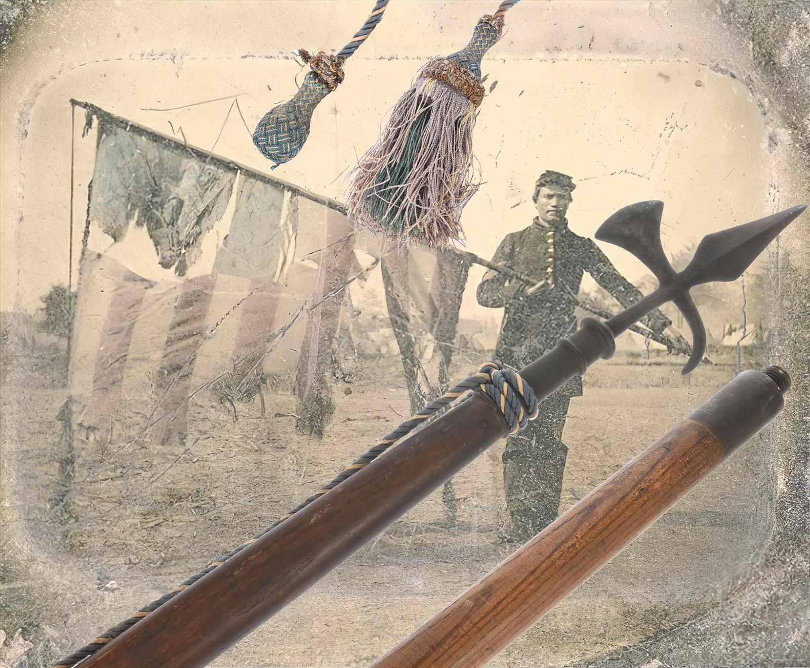 Civil War Flagstaff with Cords & Halberd Finial: Civil War Flagstaff with Cords & Halberd Finial. Dark patina stained ash flagstaff measures 10' overall, with threaded brass socket joint in the center, brass ferrule, and halberd profile finial. Reta