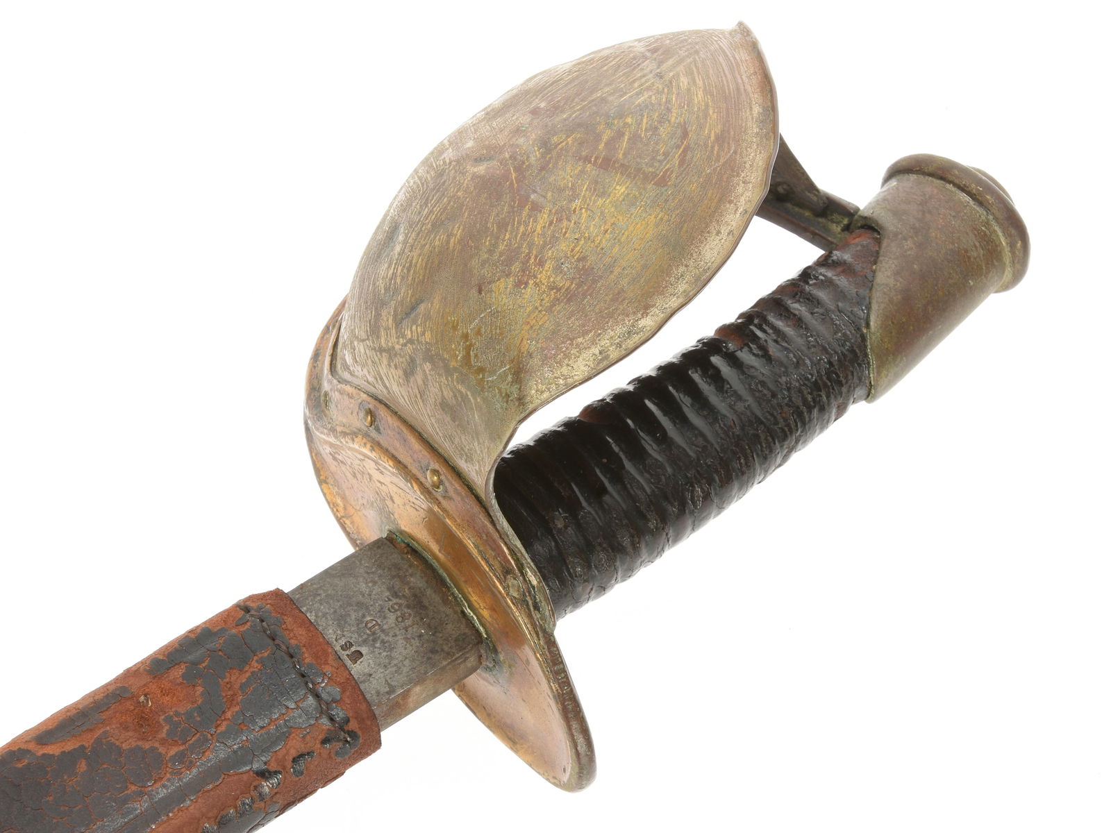 Civil War USN Boarding Cutlass 1864: Civil War USN Boarding Cutlass 1864 Model 1860 enlisted boarding cutlass has fullered 26 inch curved blade in fair condition with significant age blemishing and some pitting near the tip. Ricasso is m