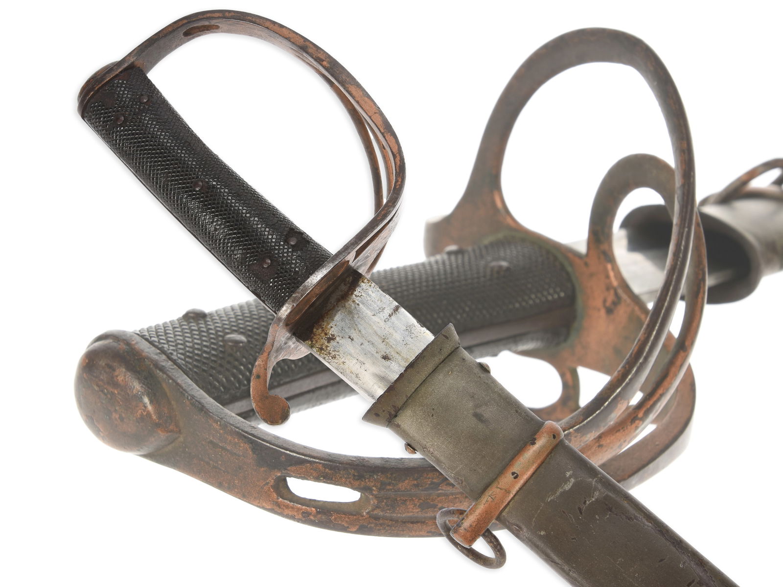 Unmarked British Pattern 1853 Cavalry Saber: Unmarked British Pattern 1853 Cavalry Saber. 34” straight, single-edged spear point blade with 23.5” unstopped median fuller. Blade 1.4” wide at ricasso. Overall length 39.25”.