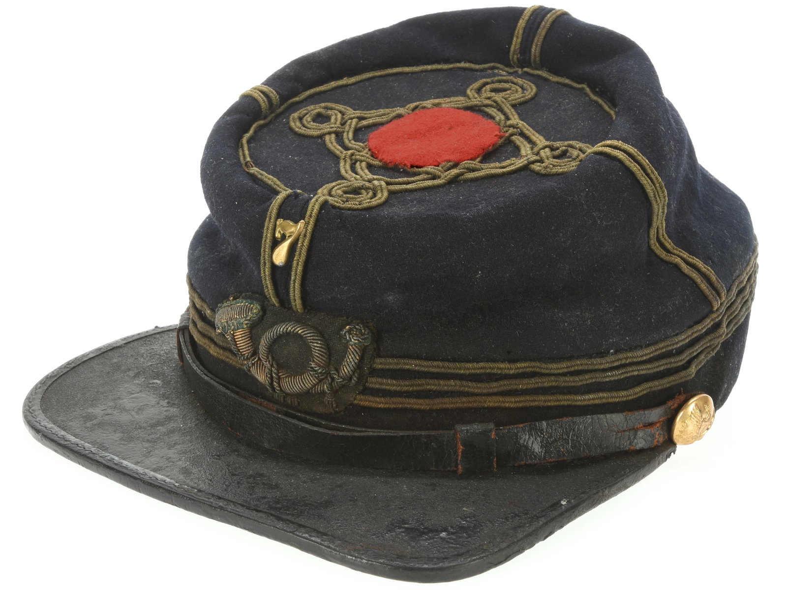 Civil War Union Captain's Forage Cap with 7th Infantry and 1st Corps Insignia (possible 7th: Civil War Union Captain's Forage Cap with 7th Infantry and 1st Corps Insignia (possible 7th Wisconsin attribution). Union officer's kepi of dark blue wool has three rows of black soutache braid around