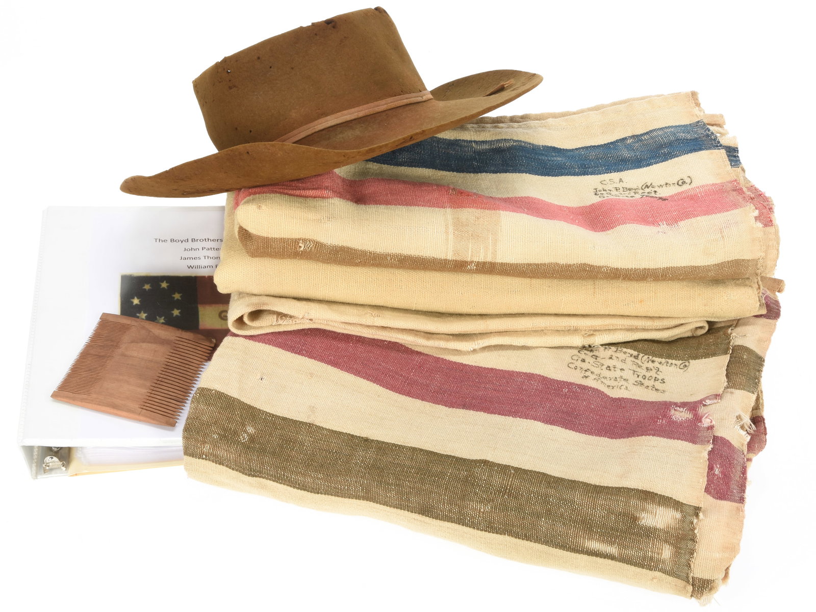Identified Confederate Slouch Hat and Blankets John P. Boyd: 2nd Georgia State Line: Identified Confederate Slouch Hat and Blankets John P. Boyd: 2nd Georgia State Line This documented and published Confederate grouping consists of 2 blankets and a slouch hat belonging to John Patters