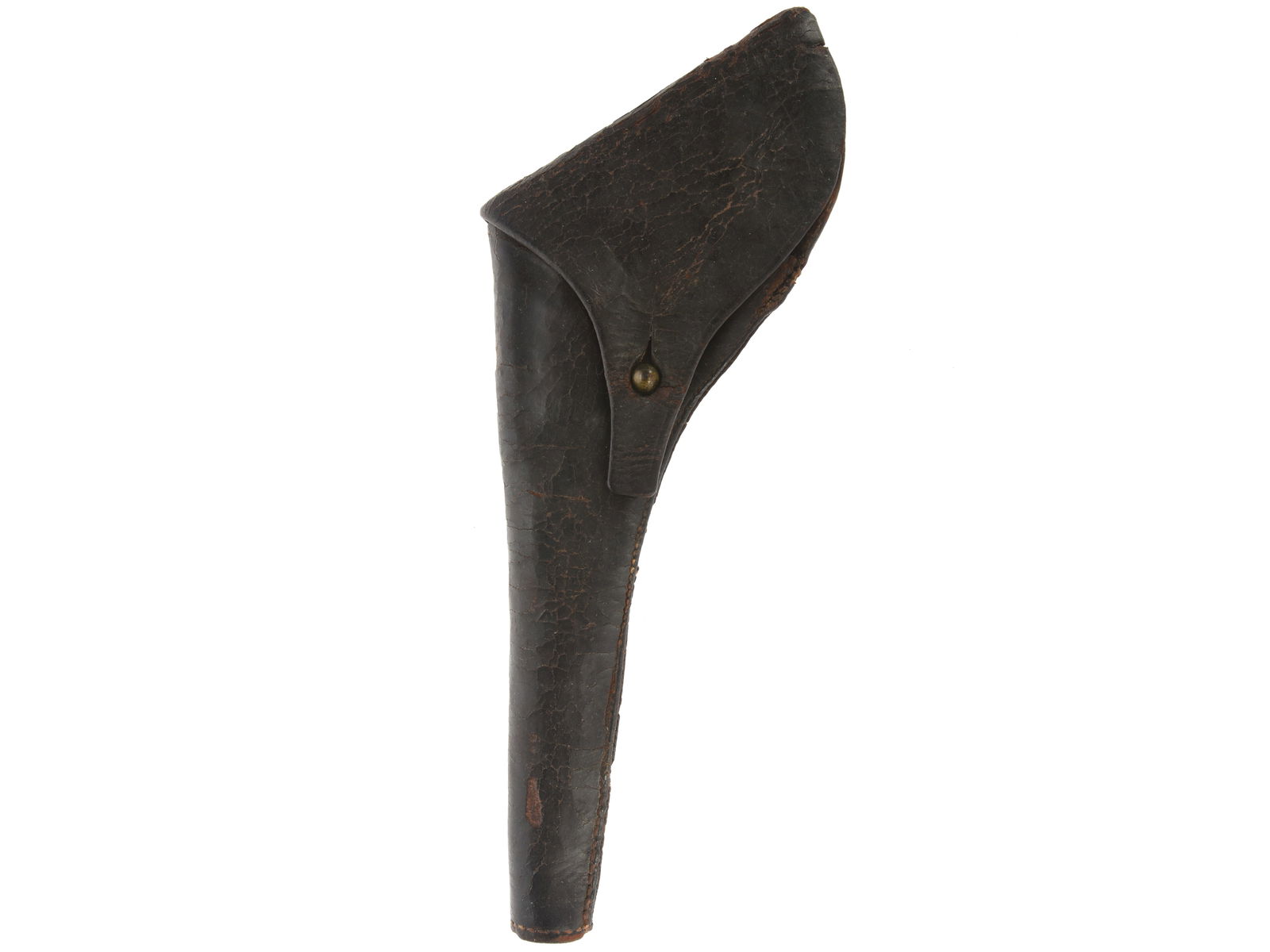 Civil War Revolver Holster: Civil War Revolver Holster Black leather revolver holster has a one piece flap construction with integral attachment strap, sewn construction with riveted belt loop attachment. Leather shows wear with