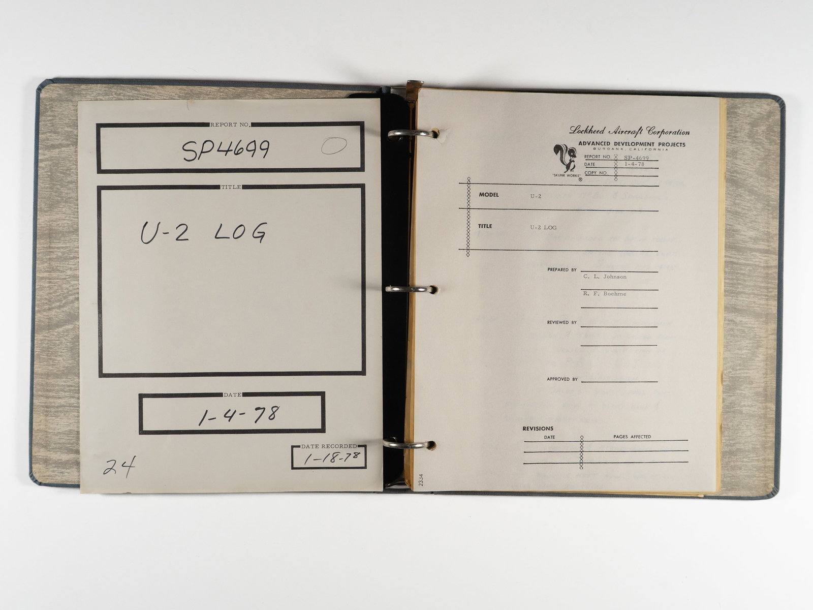 The "U-2 Log": An Internal Lockheed Skunk Works Archive - Kelly Johnson Signed: The "U-2 Log": An Internal Lockheed Skunk Works Archive - Kelly Johnson Signed "Organized today. Boehme, Englebry, Baldwin, Wiele, Gath, Combs & Robinson to work on configuration." With these