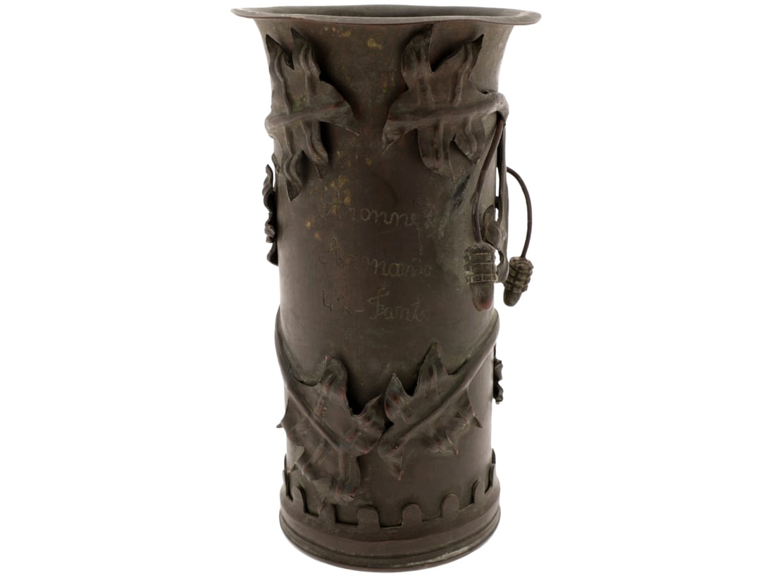 Italian Souvenir of the Battle of Monte Grappa Trench Art Shell with Applied Leaves and Acorns: Italian Souvenir of the Battle of Monte Grappa Trench Art Shell with Applied Leaves and Acorns. Applied leaves and suspiciously grenade looking acorns have been applied to a shell with a flared rim. E