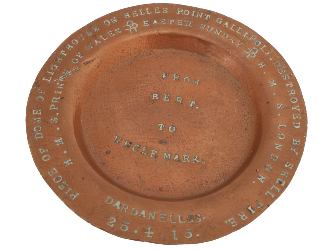 Piece of Helles Point, Gallipoli Lighthouse Destroyed by Shell Fire, 1915: Piece of Helles Point, Gallipoli Lighthouse Destroyed by Shell Fire, 1915. 13.5cm heavy copper dish. Edge Reads, "Piece of Dome of Lighthouse on Helles Point, Gallipoli. Destroyed by Shell Fire Dardan
