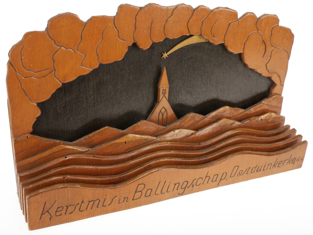 Letter / Card Holder - Christmas in Exile: Refugees from Ostduinkerke, Atlantic Wall, 1944: Letter / Card Holder - Christmas in Exile: Refugees from Ostduinkerke, Resistance Nest Waldersee, Atlantic Wall, 1944 Wooden letter holder has 5 graduated slots for letters or other paper items topped