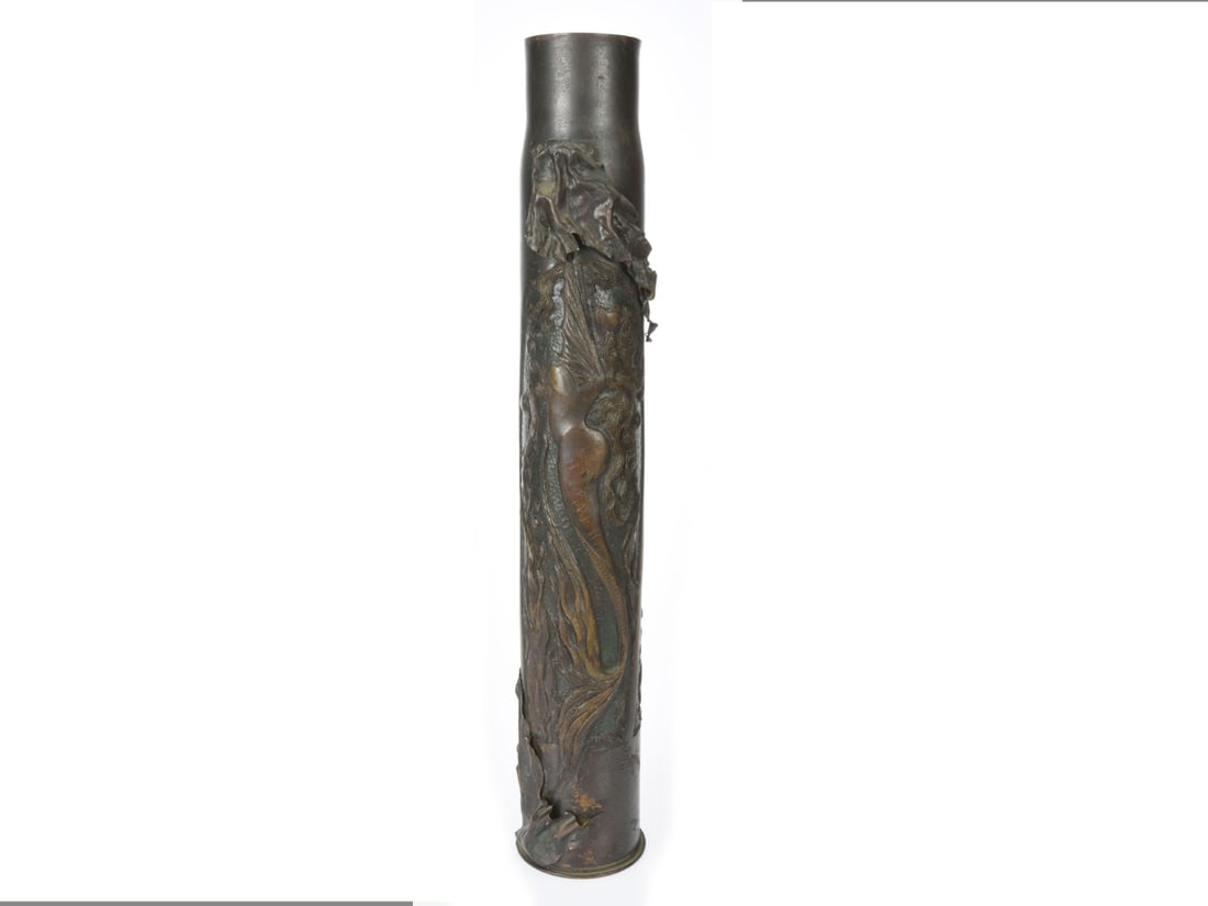 WWI Mermaid & Sea Creatures Exceptional Trench Art Shell: Artist Signed: WWI Mermaid & Sea Creatures Exceptional Trench Art Shell: Artist Signed. British 3-pounder shell casing stands 38cm tall, with the main body of the shell divided into three distinct panels, one tall s