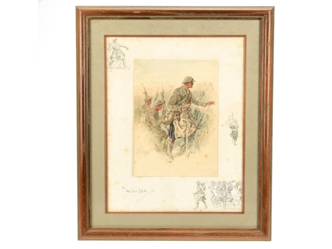 "A Helian Lad" Hand Tinted Lithograph Print by Charles 'Snaffles' Johnson Payne: "A Helian Lad" Hand Tinted Lithograph Print by Charles 'Snaffles' Johnson Payne. 48cm x 57cm framed dimensions; features 20cm x 29cm print mounted onto printed remarque board. Print depicts a highland