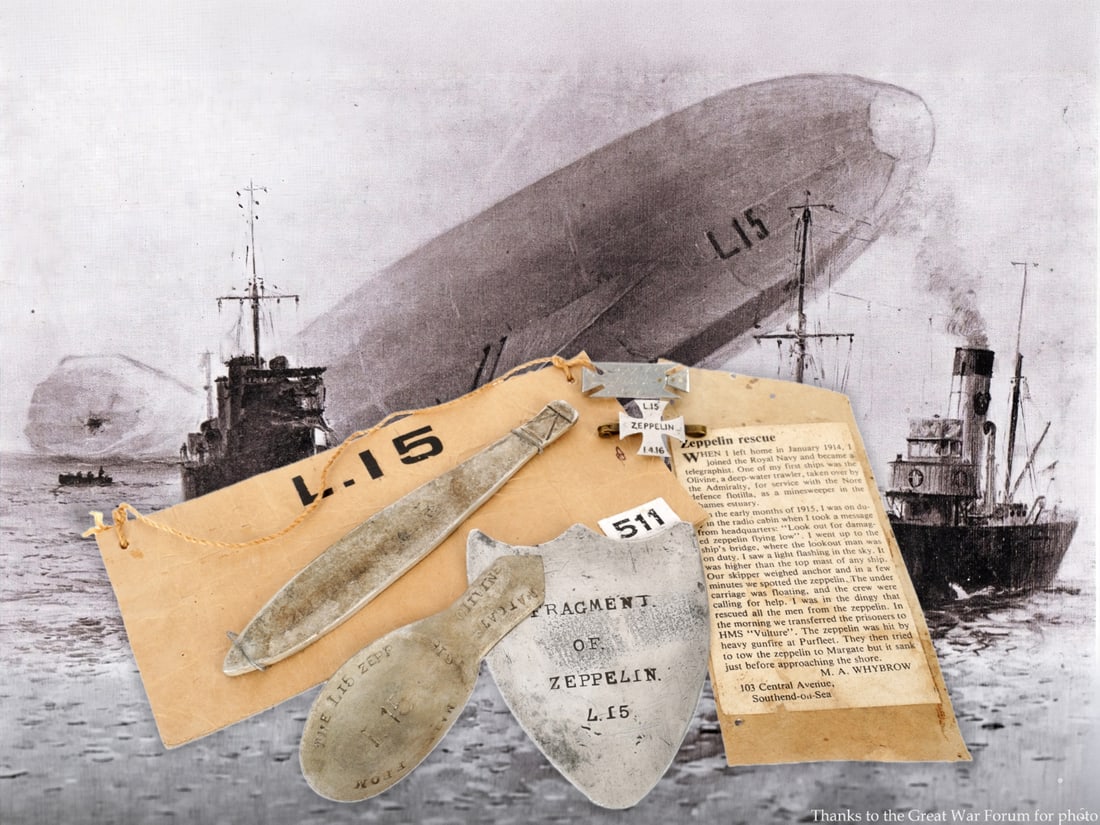 Souvenirs of Zeppelin L15, First Zeppelin Brought Down Over England by AA Fire, March 31 - April 1, (1 of 6)