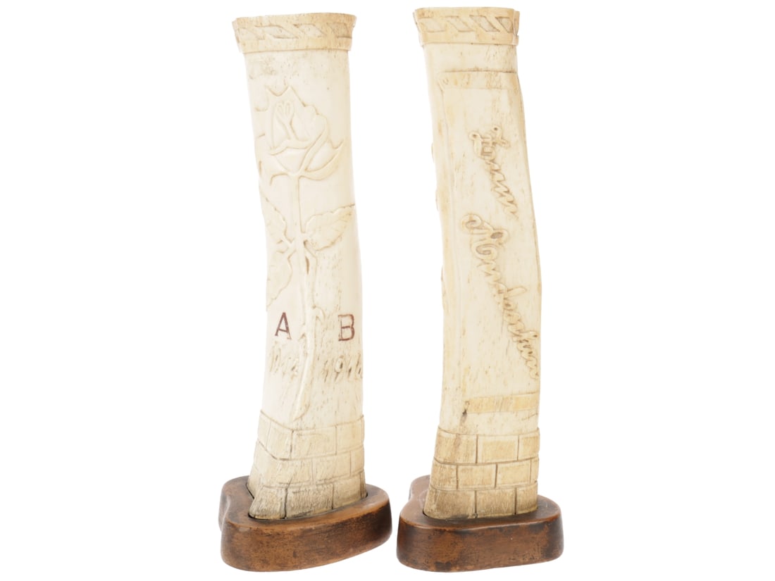 A Souvenir of the World War: Detained Enemy Alien Prison Camp Bone Art Pair: A Souvenir of the World War: Detained Enemy Alien Prison Camp Bone Art Pair. Set of two by the same maker with inscription continuing across both, but varying slightly in the way that the dates are re