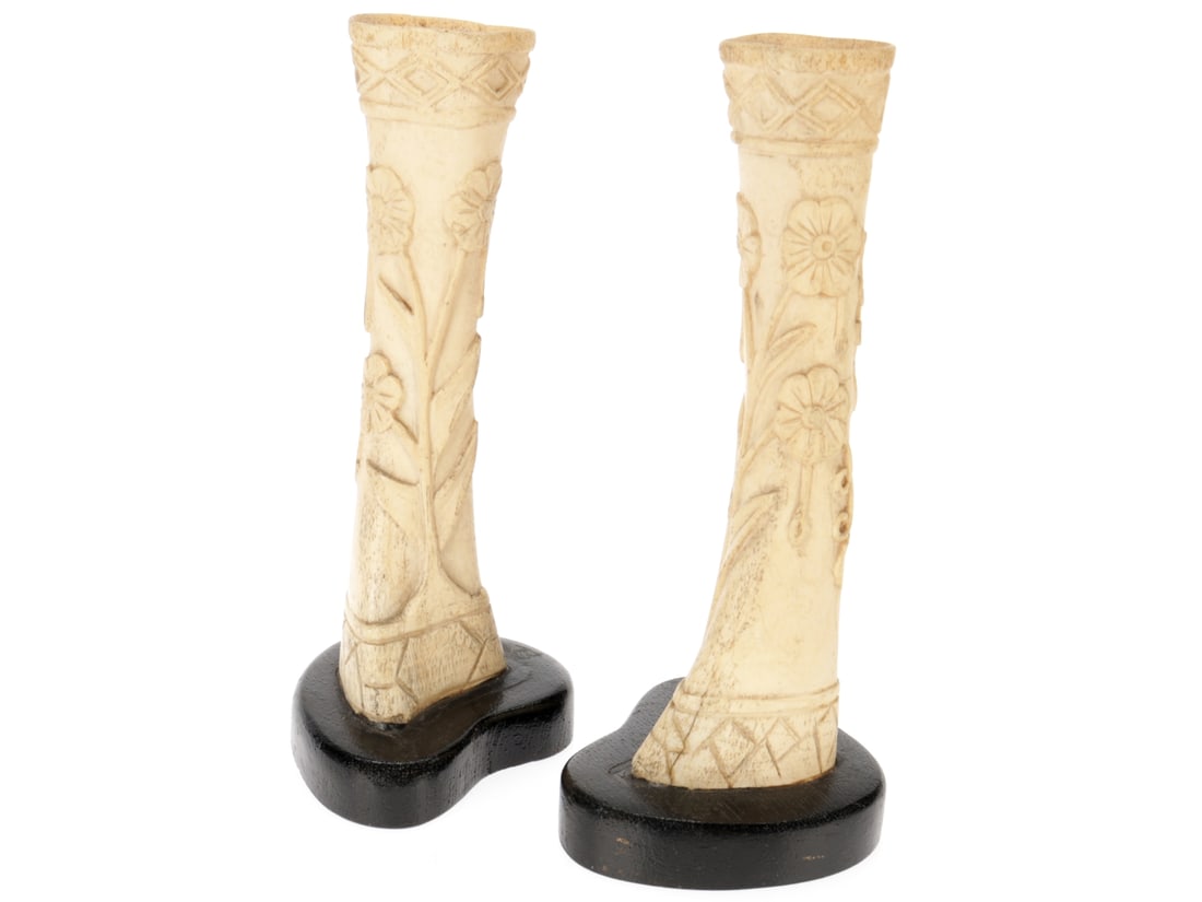 Floral Motif Detained Enemy Alien WWI Prison Camp Bone Art Pair: Floral Motif Detained Enemy Alien WWI Prison Camp Bone Art Pair. Set of two by the same maker, angled in such a way as to display as a pair. ~20cm tall, floral motifs with decorative banding top and b
