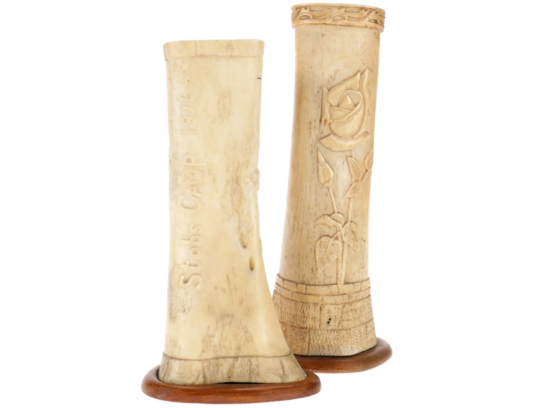 Stobs Camp WWI German Prisoner of War Camp Bone Art: Lot of Two: Stobs Camp WWI German Prisoner of War Camp Bone Art: Two examples; the first is 20.5cm tall, with a rose motif on one side, stylized stone wall base, and inscription on the opposite side "STOBS-CAMP