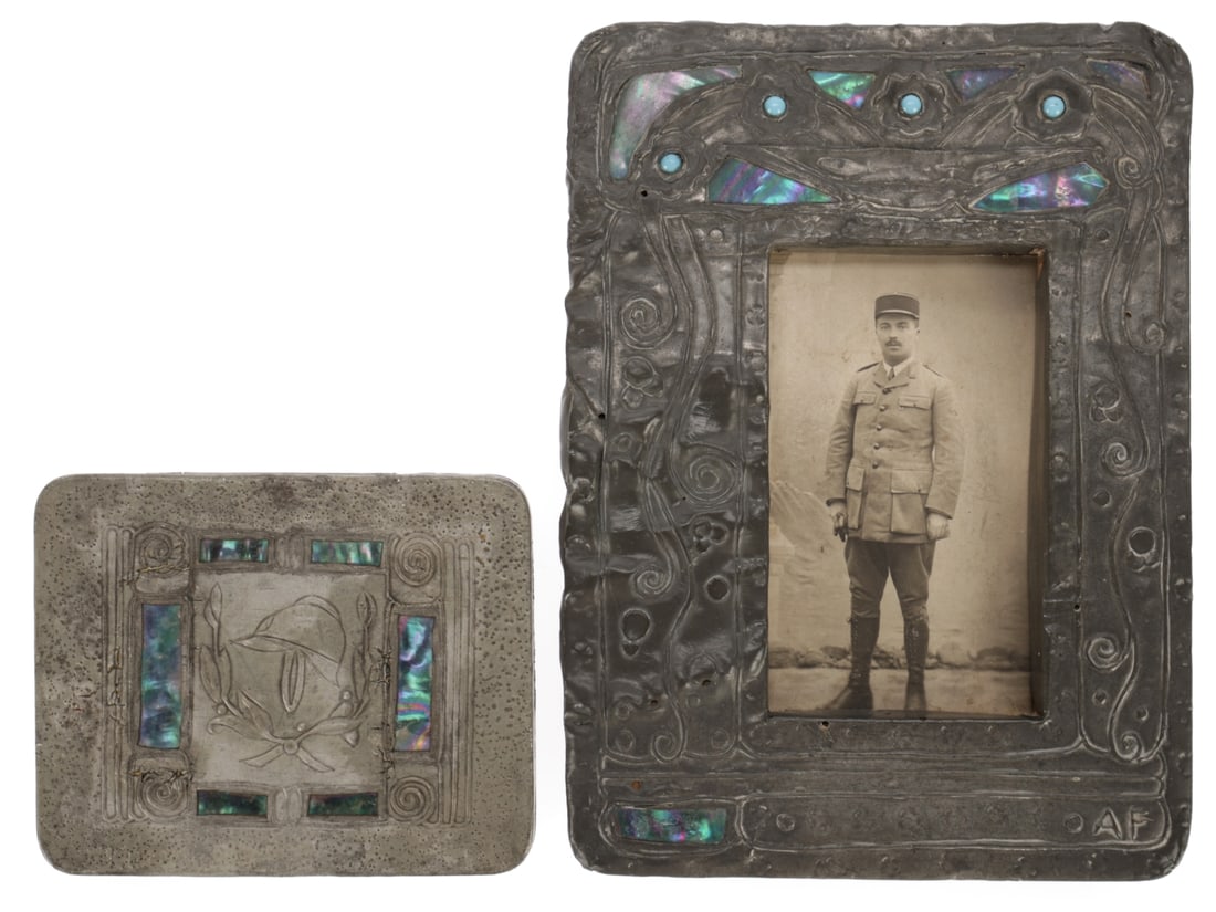 Shell Inlaid Picture Frame and Box: Shell Inlaid Picture Frame and Box. Frame is wooden overlaid with sheet lead (?). The sheeting is inlaid with shell and some blue beads. Initials "AF" at lower right. Photo is of a French officer. 12c