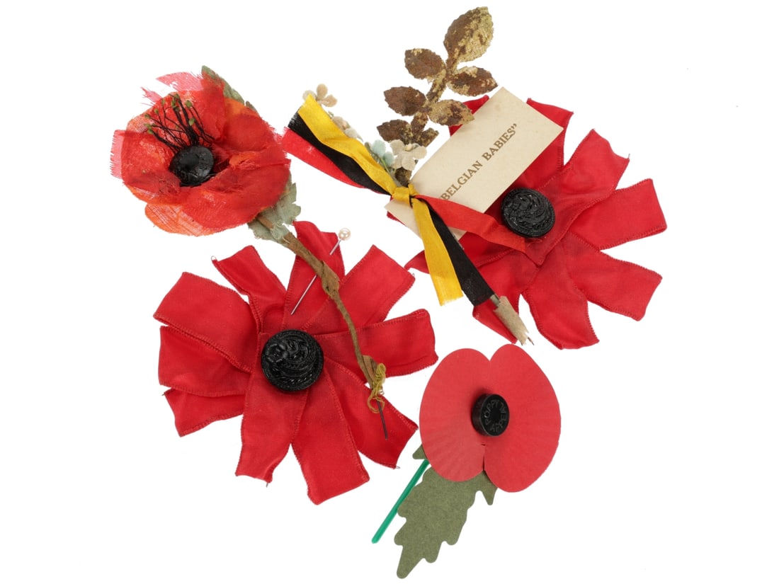 WWI Belgian Relief Fund Corsage and 1920s - 30s Haig's Fund Poppy Lot: WWI Belgian Relief Fund Corsage and 1920s - 30s Haig's Fund Poppy Lot Early Haig's Fund silk poppy. This cloth Remembrance Day poppy has two layers of two-petal blossoms, wispy green tipped black