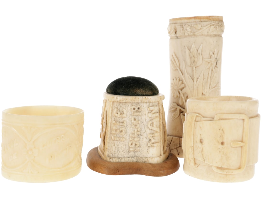 French & British WWI Bone Art: Lot of Four with Pin Cushion and Napkin Rings: French & British WWI Bone Art: Lot of Four with Pin Cushion and Napkin Rings. All of bovine bone - first example is a napkin ring that is 4cm tall, with inscription "En Souvenir de son Filleul de
